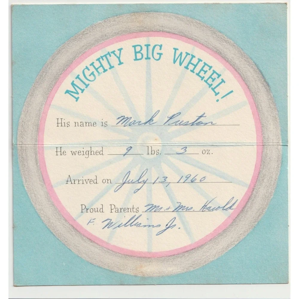 Vintage 1960s Hallmark Baby Boy Birth Announcement Card Mighty Big Wheel